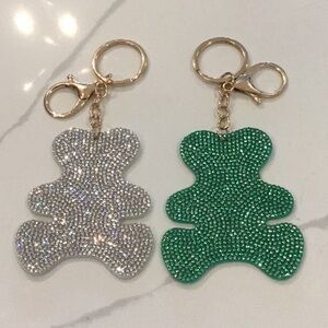 2/$12 Sparkling Teddy Bear Bag Charms Keychains in Silver and Green Sparkles